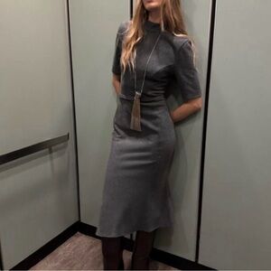 Zara NWT dark gray soft belted short sleeve fitted midi dress